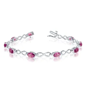 10K White Gold Oval Pink Topaz Stones And Diamonds Infinity Tennis Bracelet, 7"