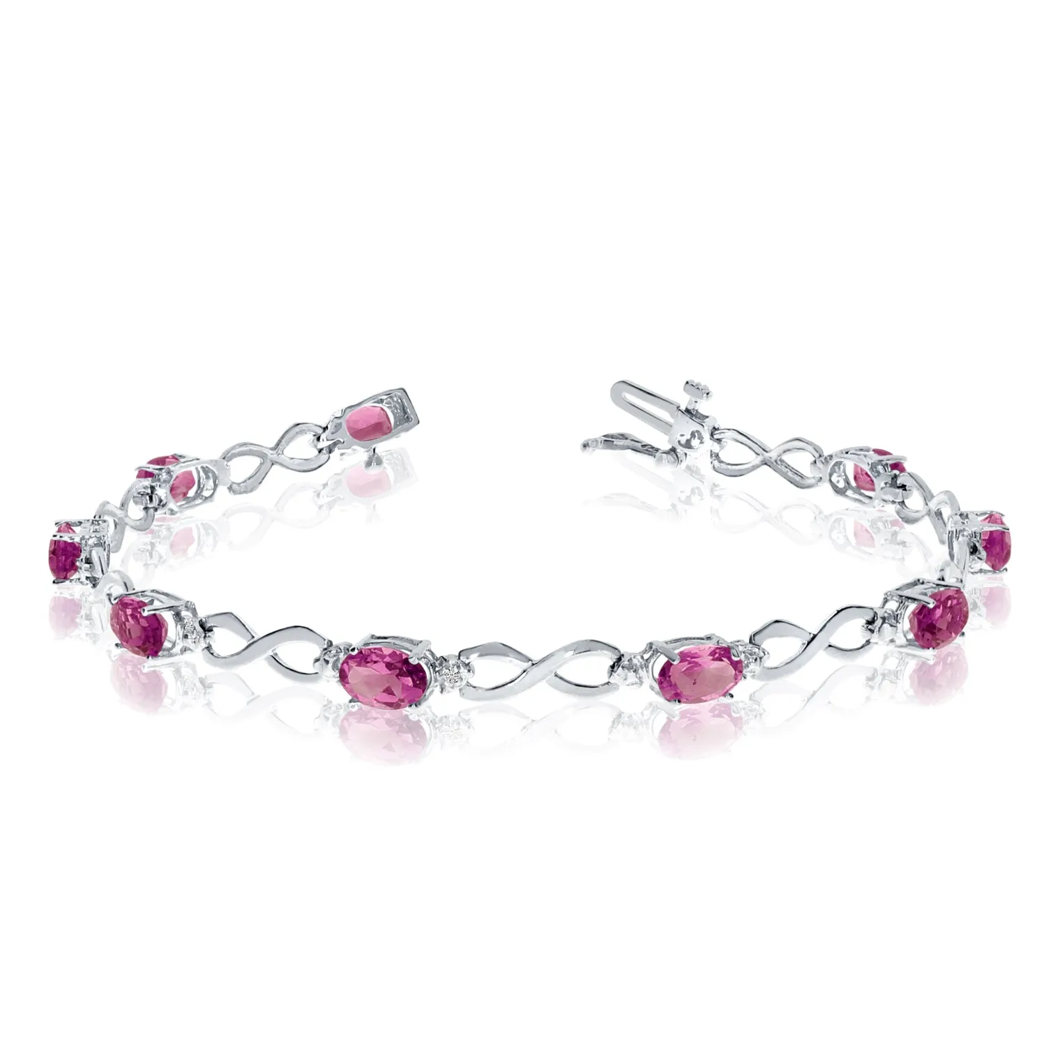 10K White Gold Oval Pink Topaz Stones And Diamonds Infinity Tennis Bracelet, 7"