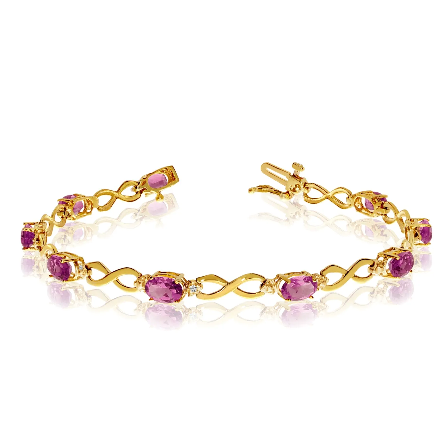 10K Yellow Gold Oval Pink Topaz Stones And Diamonds Infinity Tennis Bracelet, 7"