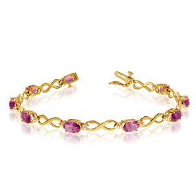 10K Yellow Gold Oval Pink Topaz Stones And Diamonds Infinity Tennis Bracelet, 7"