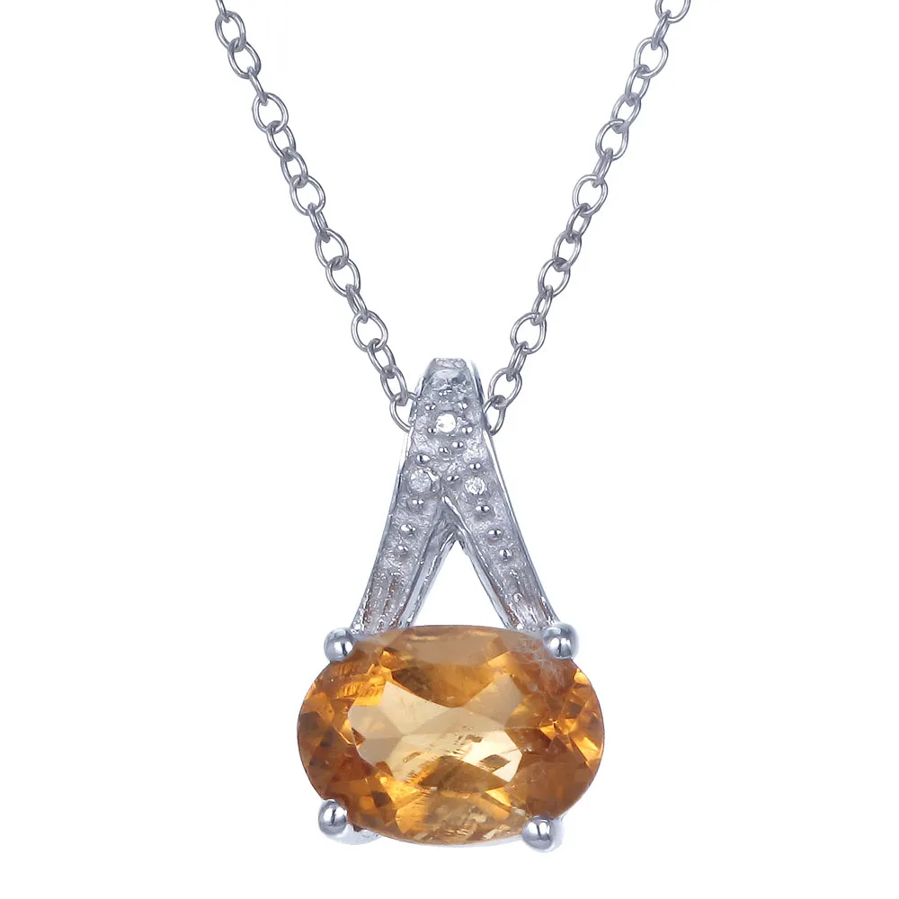 1.20 cttw Pendant Necklace, Citrine Oval Pendant Necklace for Women in .925 Sterling Silver with Rhodium, 18 Inch Chain, Prong Setting