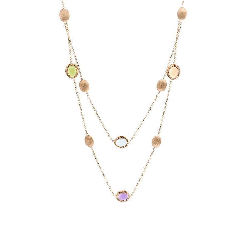 14 Karat Yellow Gold Multi-color and Gold Bead 2 Strand Station Necklace, 16.9 inch.