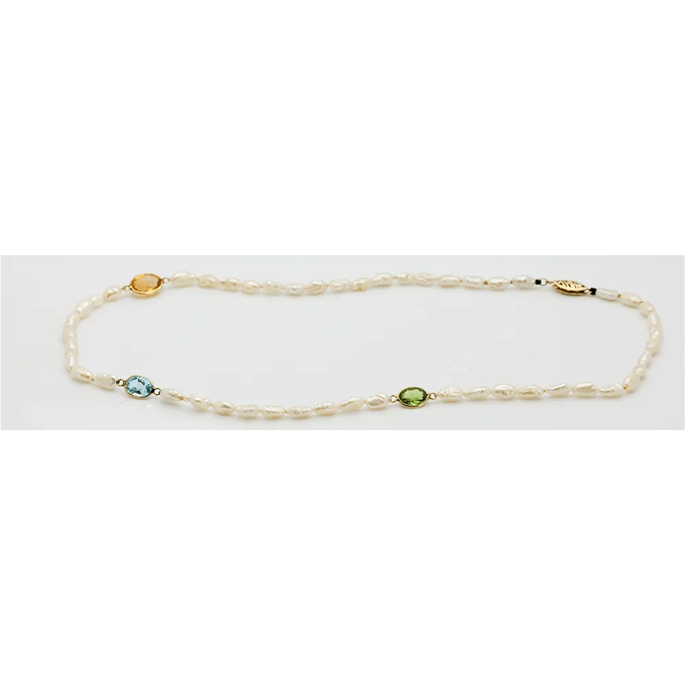 14K Freshwater Pearl with Citrine, Peridot & Aquamarine Necklace, 17" Long