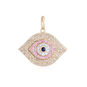 14K Gold Micro Pave Diamond & Gemstones Evil Eye Necklace Charm