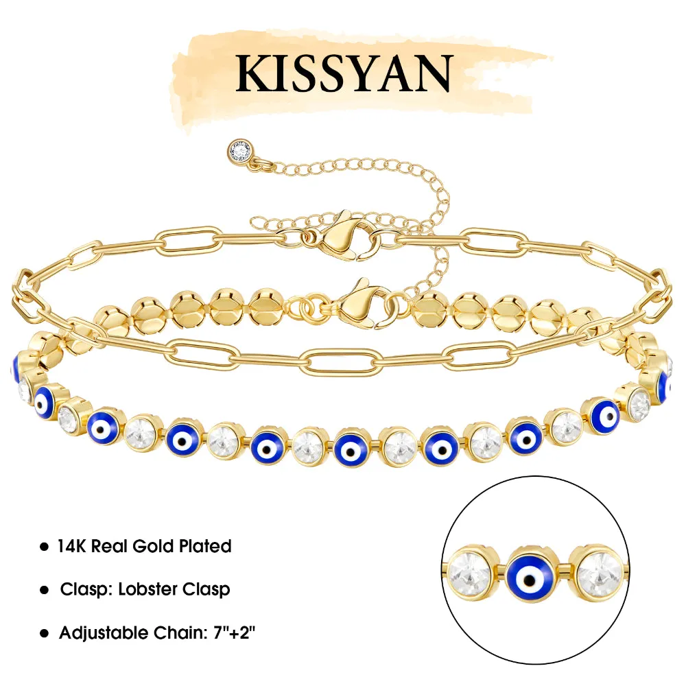 14k Gold Plated Dainty Layered Evil Eye Bracelets- Dark Blue Eyes & Paperclip