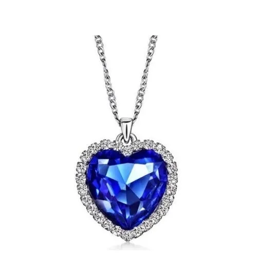 14K Gold Plating Over Titanic Heart Shape Blue Sapphire and Halo Pendant Necklace