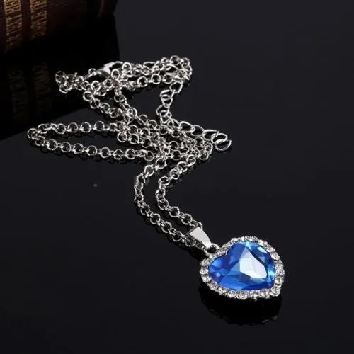 14K Gold Plating Over Titanic Heart Shape Blue Sapphire and Halo Pendant Necklace