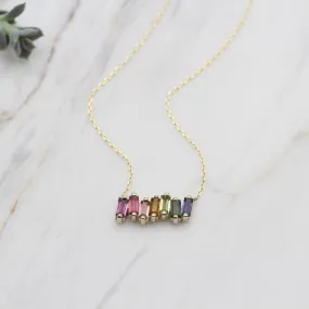 14k Gold Rainbow Baguette Bar Necklace