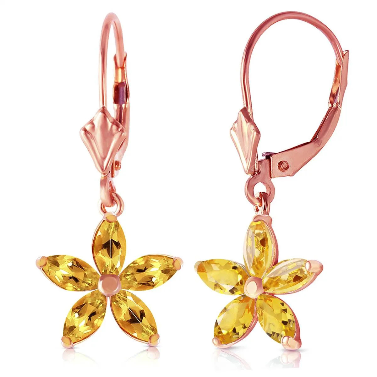 14K Solid Rose Gold Leverback Earrings w/ Natural Citrine