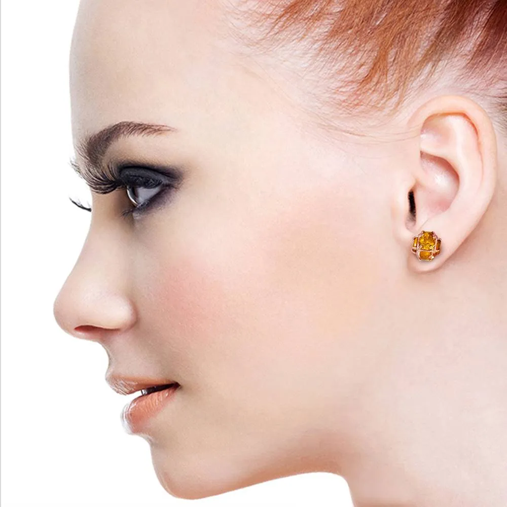 14K Solid Rose Gold Stud Earrings Natural Citrine Jewelry