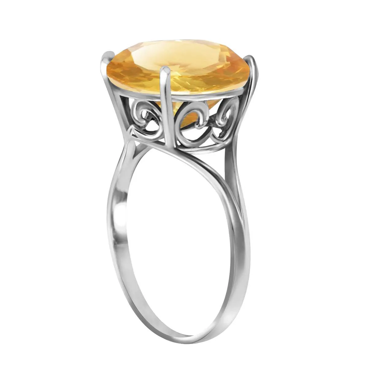 14K Solid White Gold Ring Natural 12 mm Round Citrine Certified