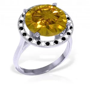 14K Solid White Gold Ring w/ Natural Black / White Diamonds & Citrine