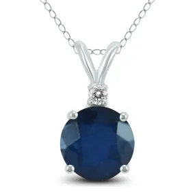 14K White Gold 5Mm Round Sapphire And Diamond Pendant