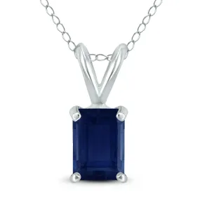 14K White Gold 5X3Mm Emerald Shaped Sapphire Pendant