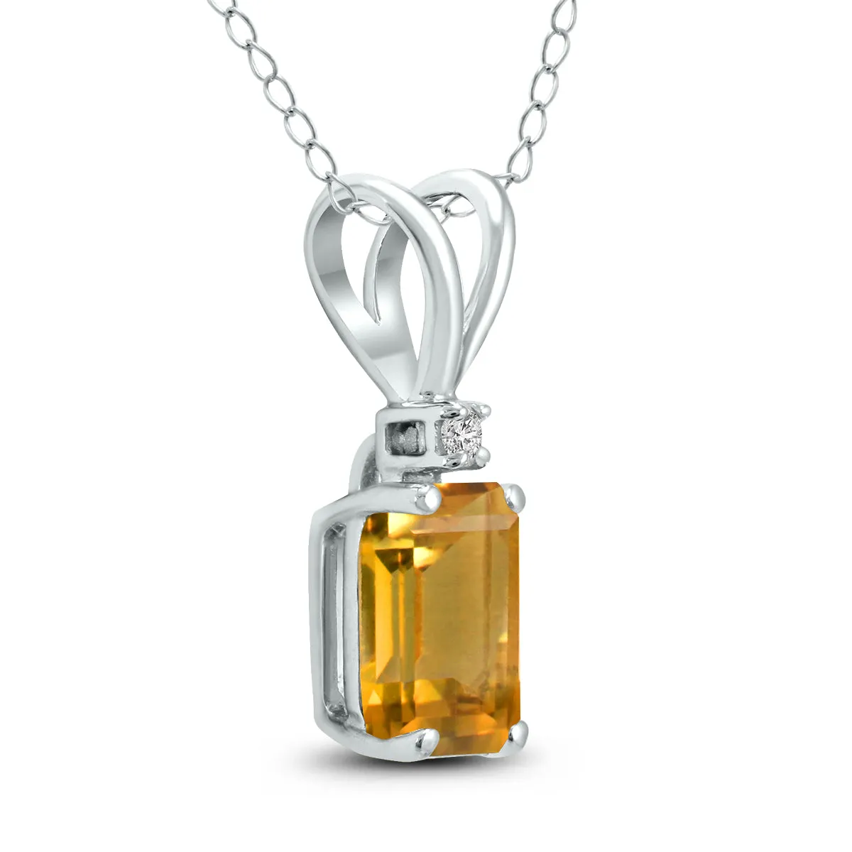 14K White Gold 6X4Mm Emerald Shaped Citrine And Diamond Pendant