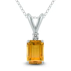 14K White Gold 6X4Mm Emerald Shaped Citrine And Diamond Pendant