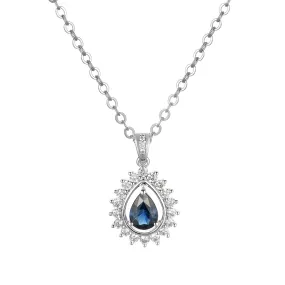 14K White Gold Pear Shape Sapphire With Diamond Halo Pendant Necklace