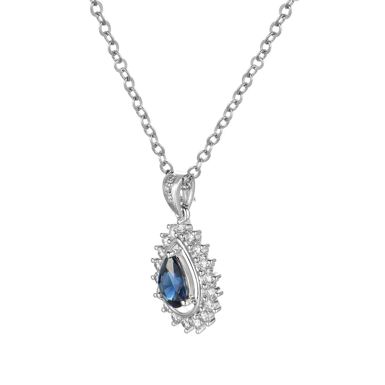 14K White Gold Pear Shape Sapphire With Diamond Halo Pendant Necklace