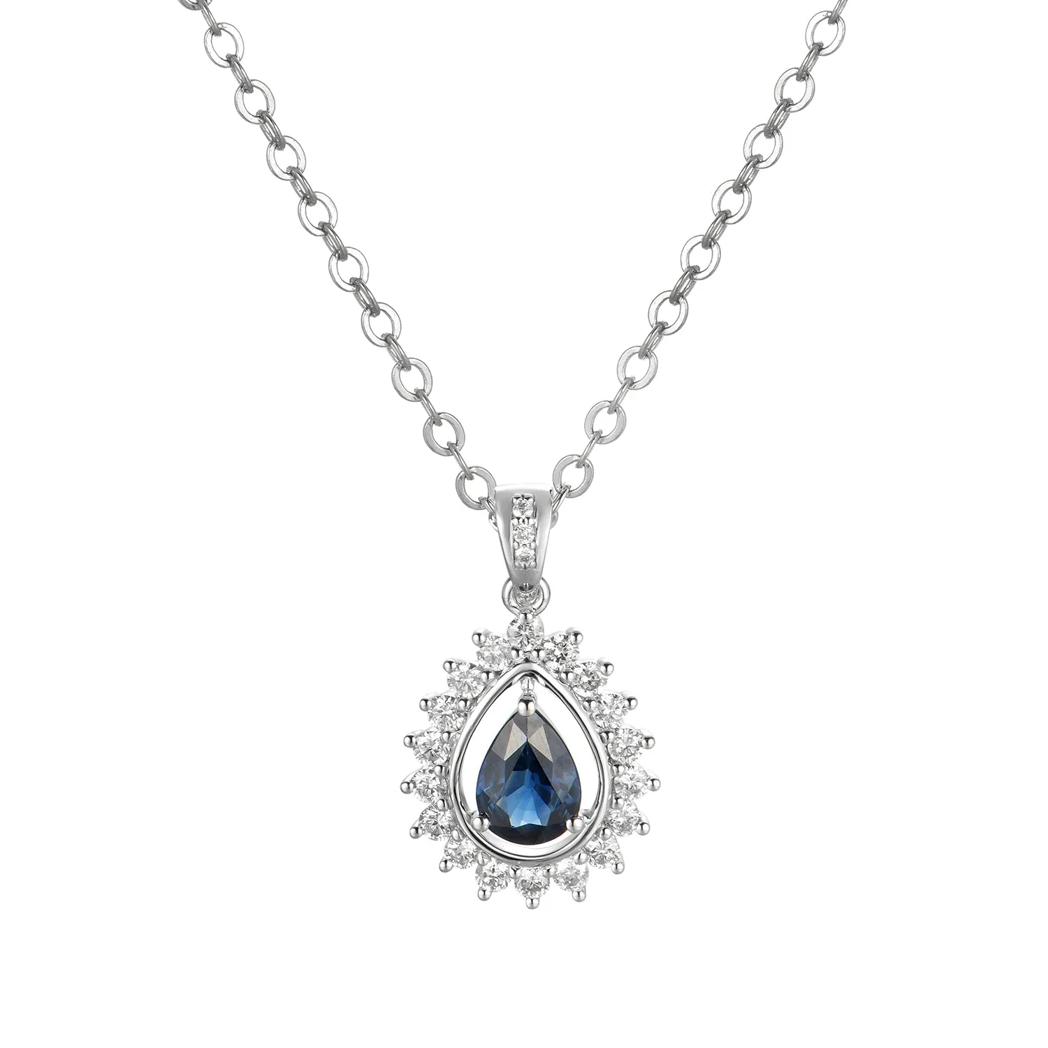 14K White Gold Pear Shape Sapphire With Diamond Halo Pendant Necklace