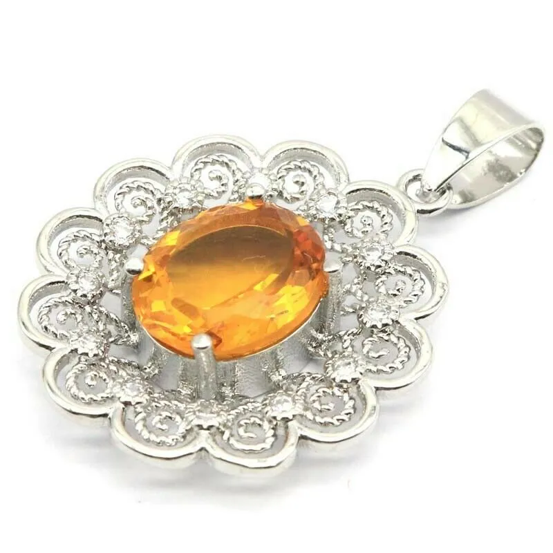 14K White Gold Plated Golden Honey Citrine Pendant Necklace 18"