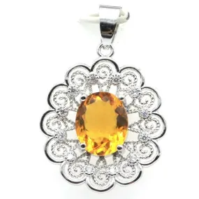 14K White Gold Plated Golden Honey Citrine Pendant Necklace 18"