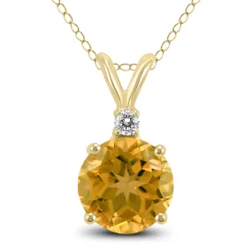 14K Yellow Gold 5Mm Round Citrine And Diamond Pendant