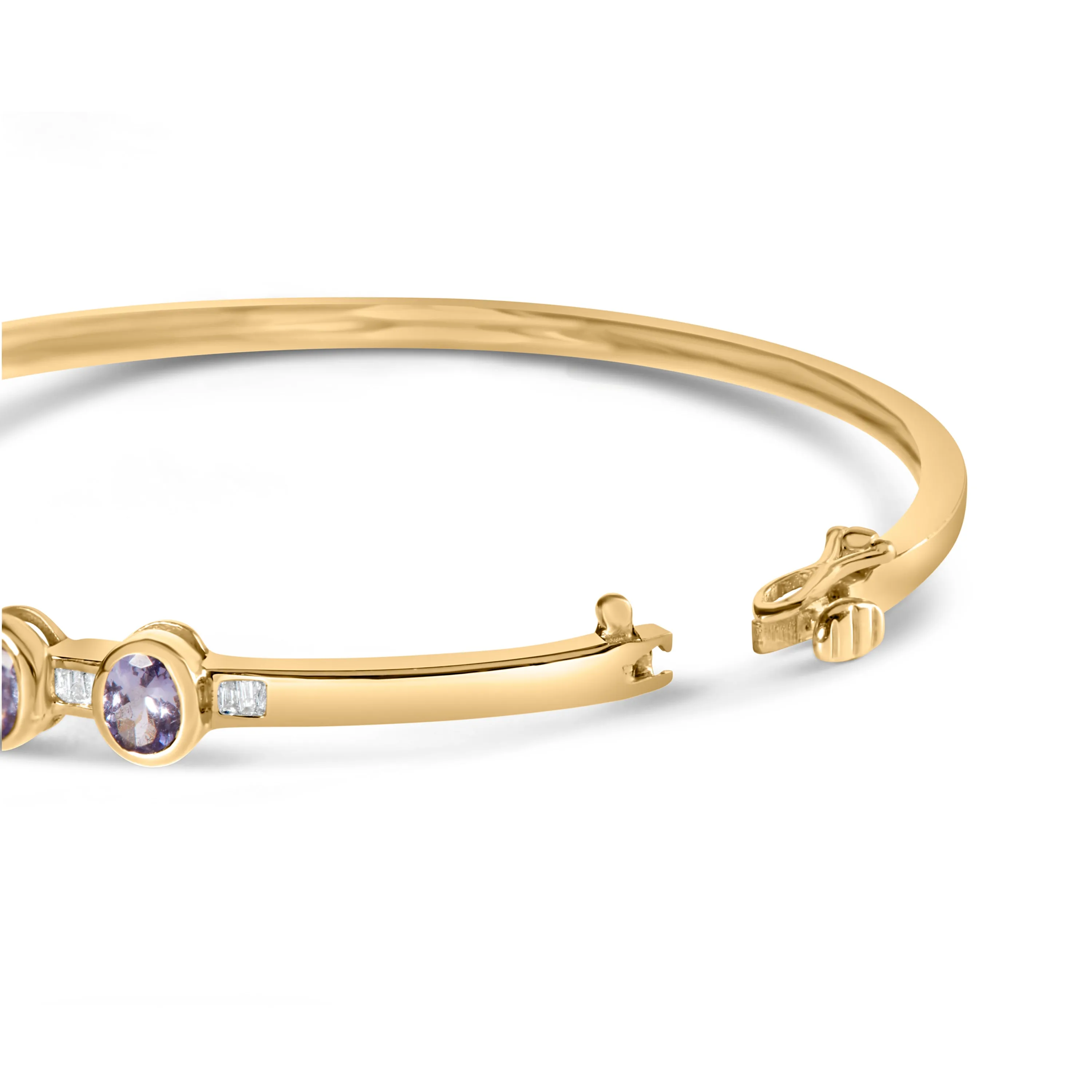 14K Yellow Gold Alternating Bezel Set 5MM Oval Shaped Tanzanite and 1/5 Cttw Diamond Bangle Bracelet