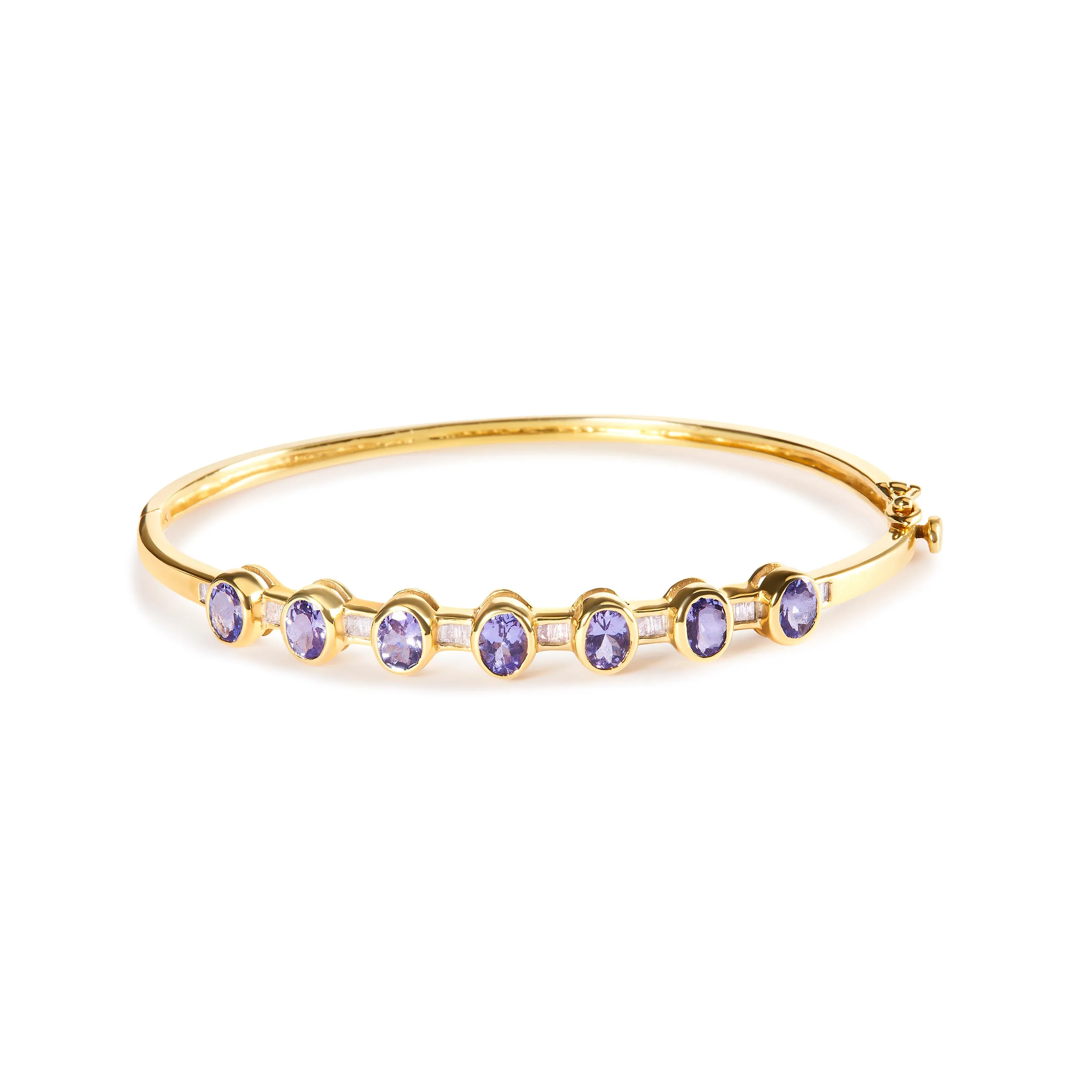 14K Yellow Gold Alternating Bezel Set 5MM Oval Shaped Tanzanite and 1/5 Cttw Diamond Bangle Bracelet