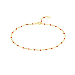 14K Yellow Gold Red Enamel Bead Piatto Chain Anklet