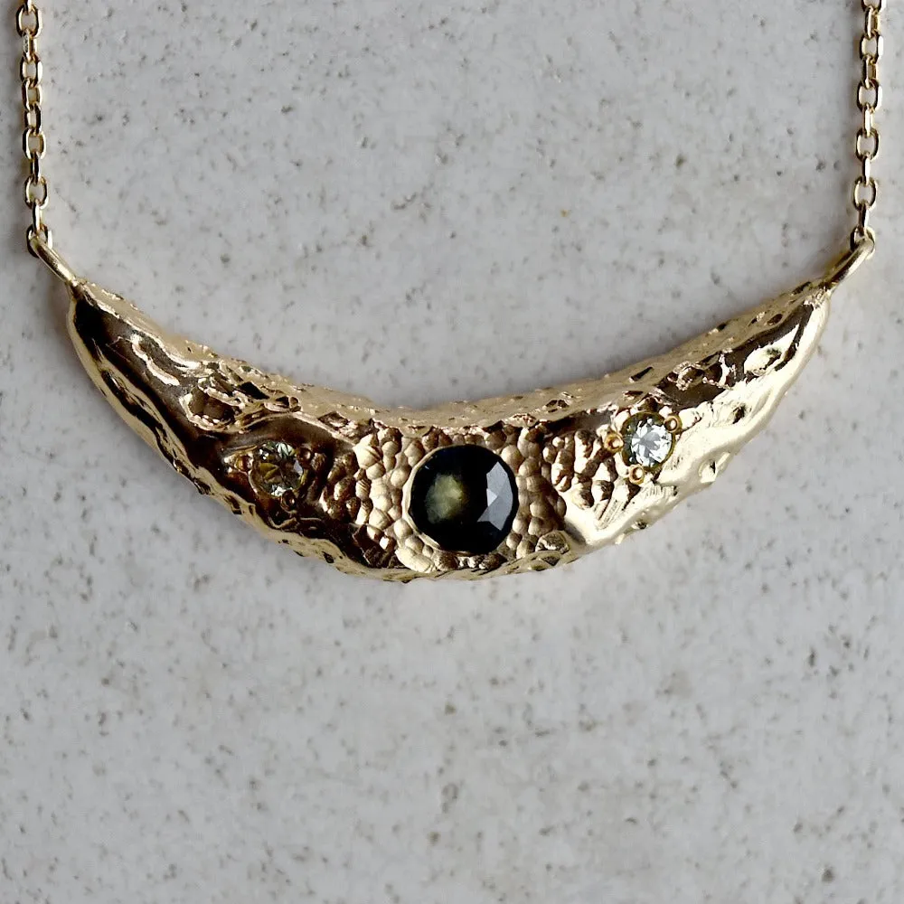 14ky Crescent Moon Necklace with Green & Blue Sapphires