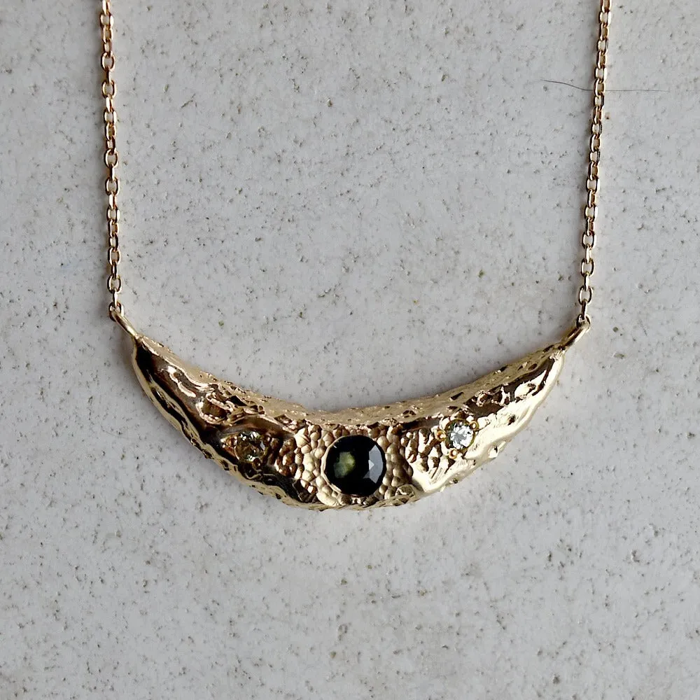 14ky Crescent Moon Necklace with Green & Blue Sapphires