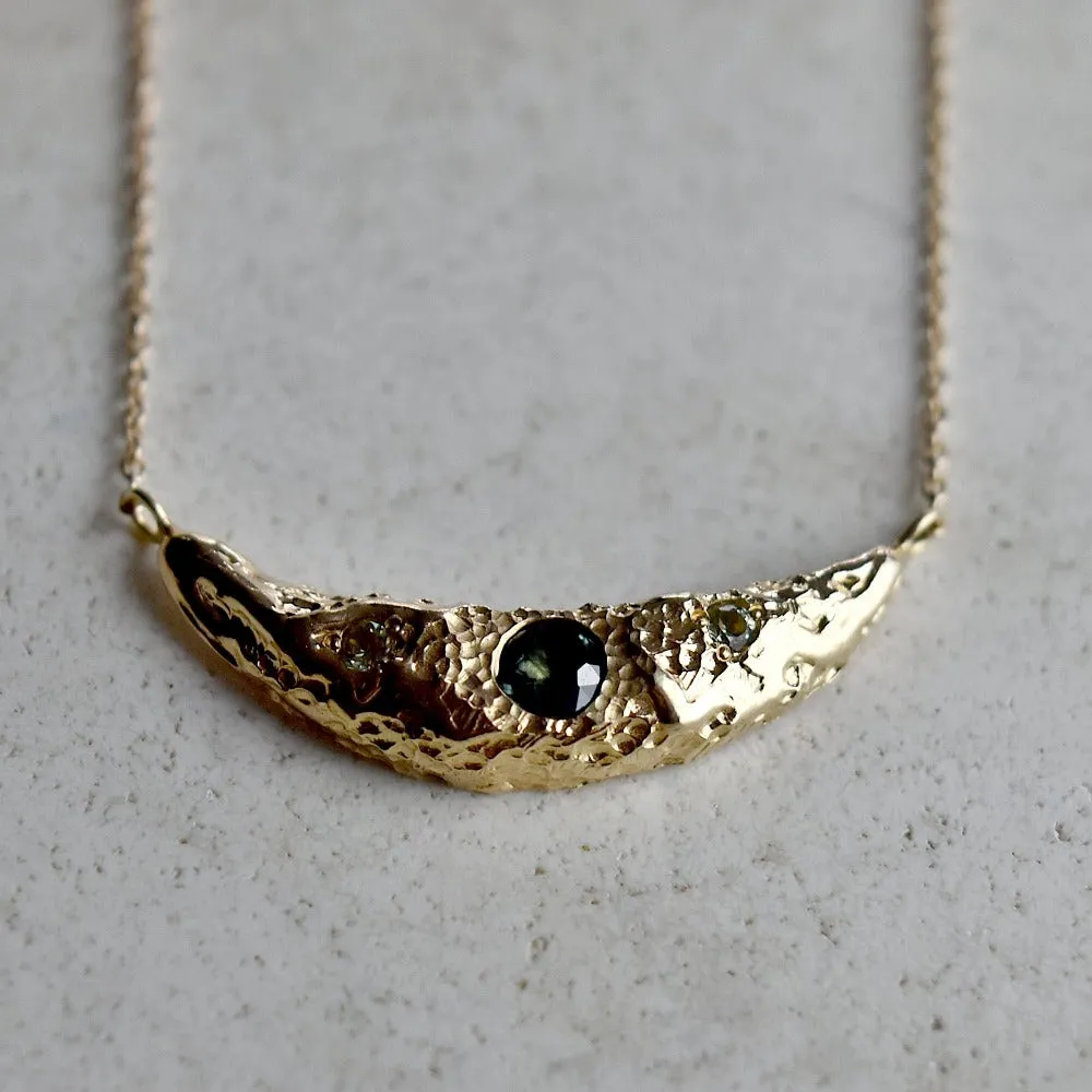 14ky Crescent Moon Necklace with Green & Blue Sapphires