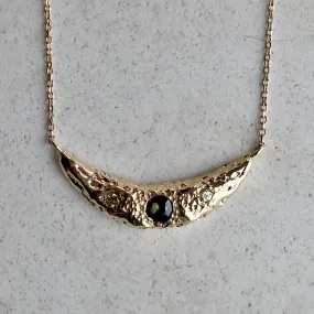 14ky Crescent Moon Necklace with Green & Blue Sapphires