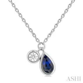 1/50 ctw Pear Cut 6X4MM sapphire and Bezel Set Round Cut Diamond Precious Necklace in 10K White Gold