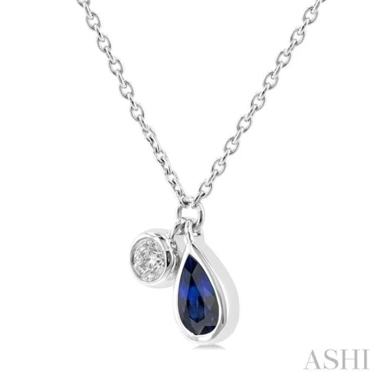 1/50 ctw Pear Cut 6X4MM sapphire and Bezel Set Round Cut Diamond Precious Necklace in 10K White Gold