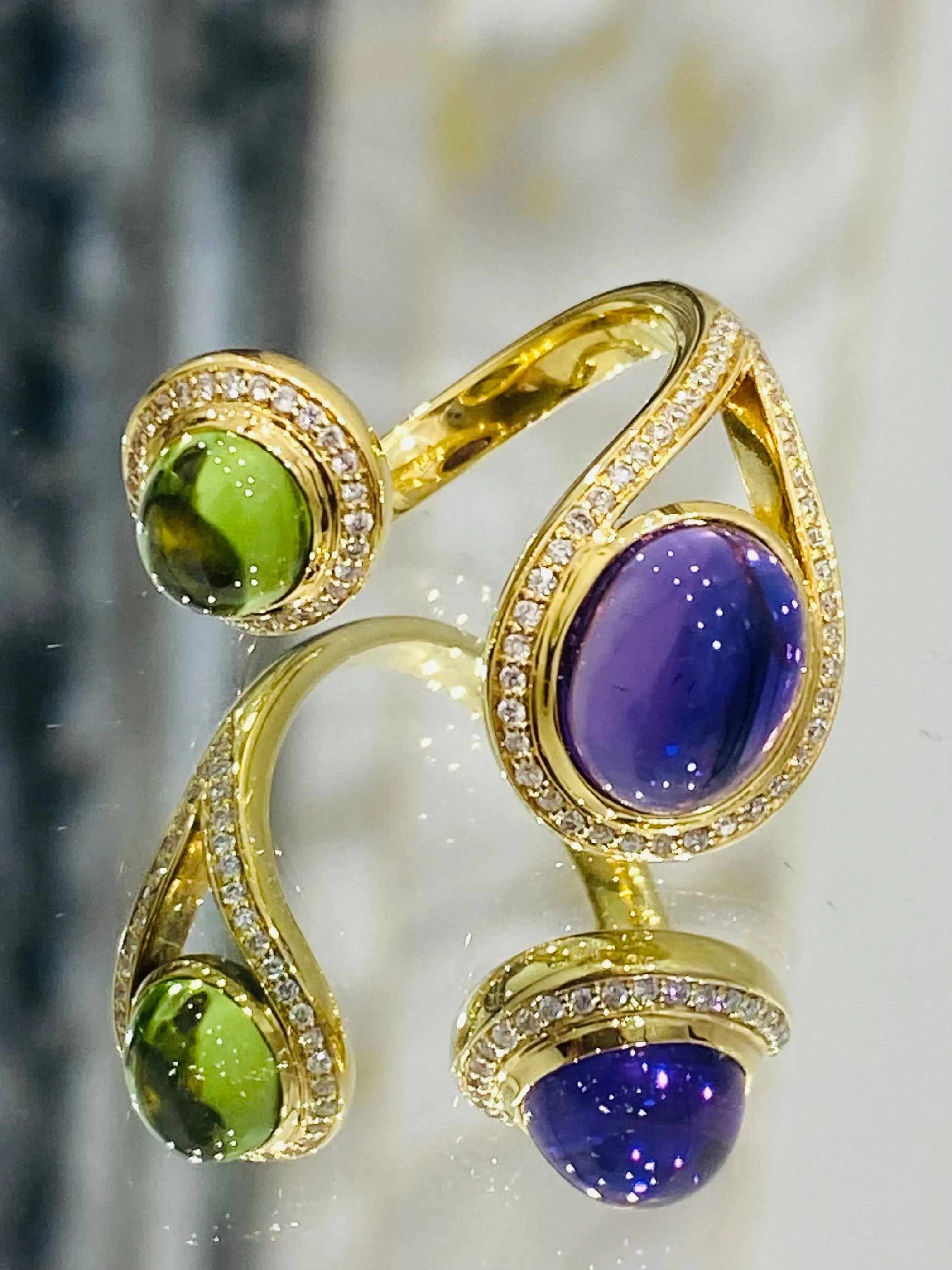 18ct Gold Open Ring With Cabochon Amethyst, Citrine & Diamonds