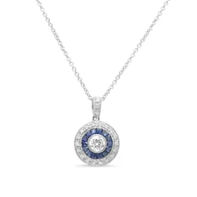 18ct White Gold Diamond & Sapphire Target Cluster Pendant Necklace 18"