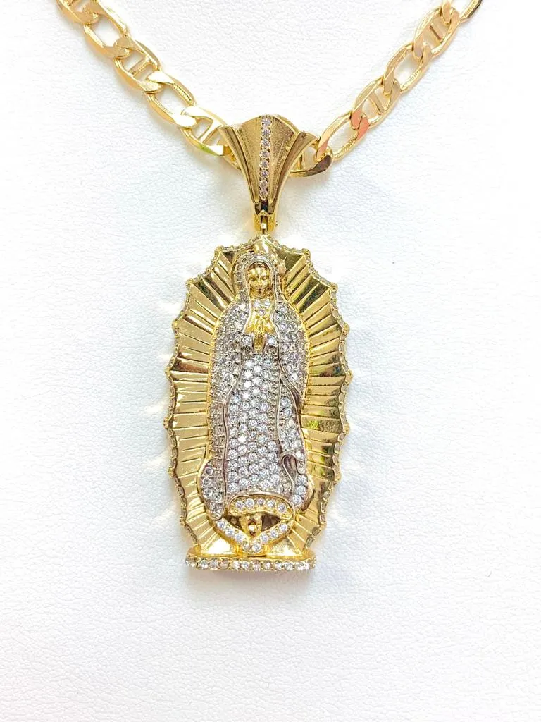 18K Gold Filled Virgen de Guadalupe Necklace Mariner Link Chain 24" 20g 6m