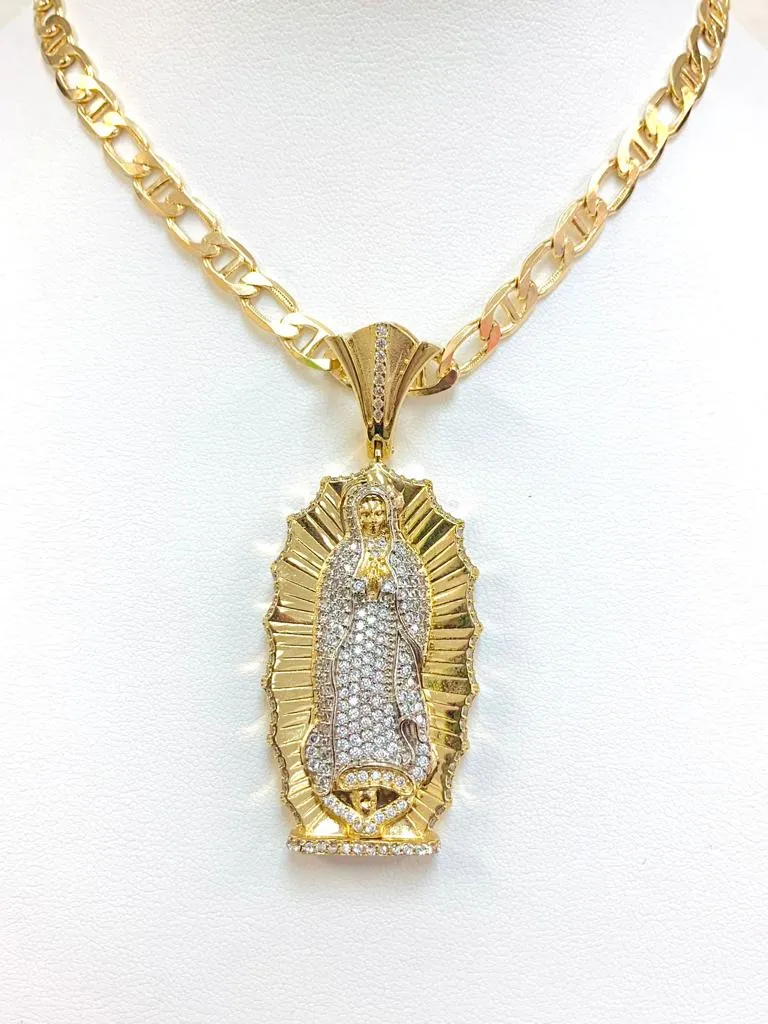 18K Gold Filled Virgen de Guadalupe Necklace Mariner Link Chain 24" 20g 6m