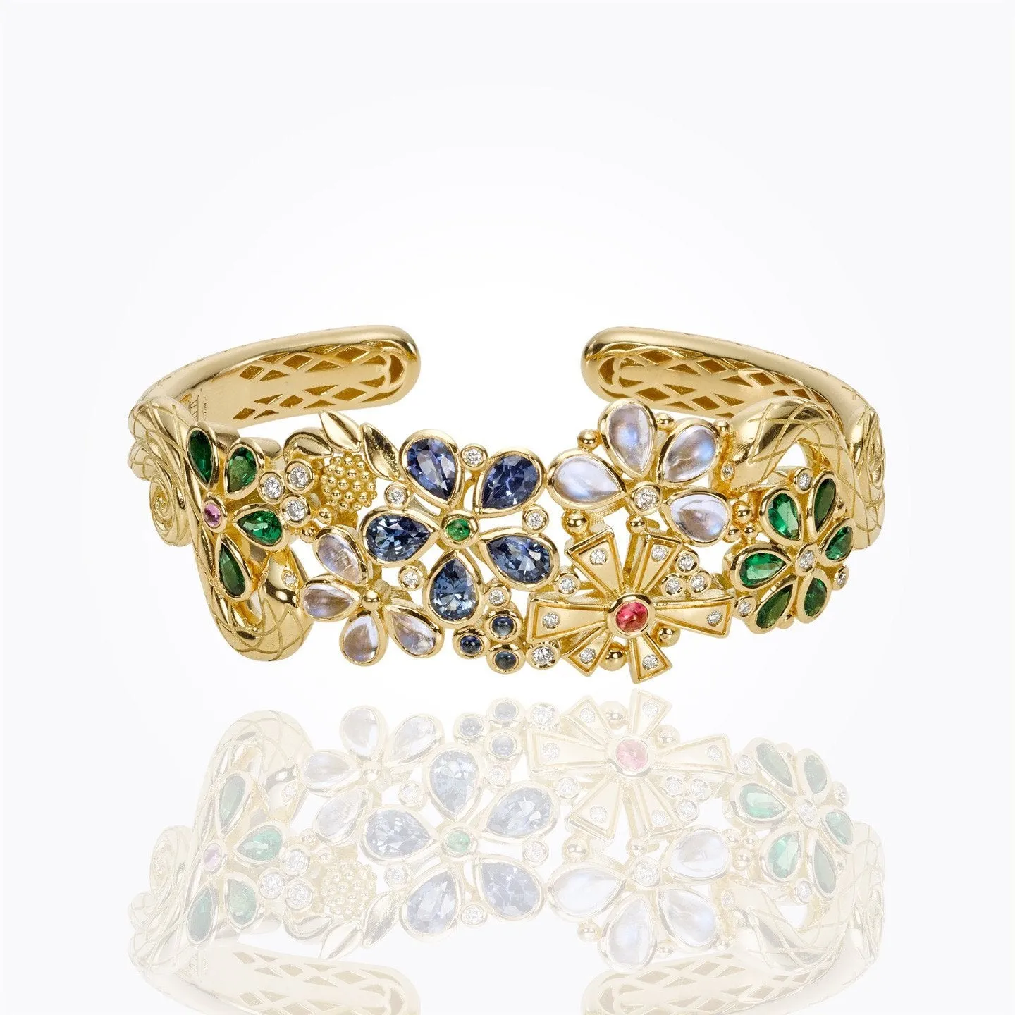 18K Serpent Flower Cluster Bracelet with blue sapphire, royal blue moonstone, tsavorite, pink tourmaline and diamond