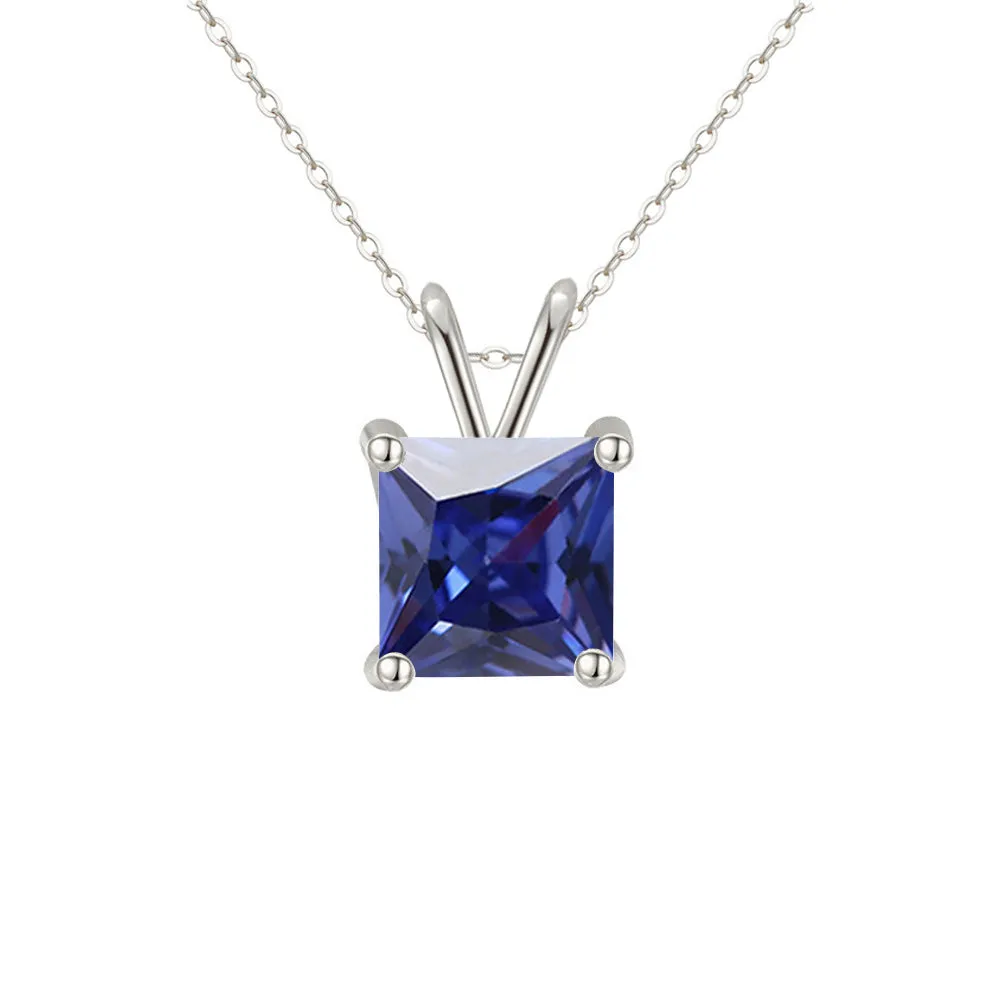 18K White Gold 2 Carat Created Blue Sapphire Princess Stud Necklace Plated 18 inch