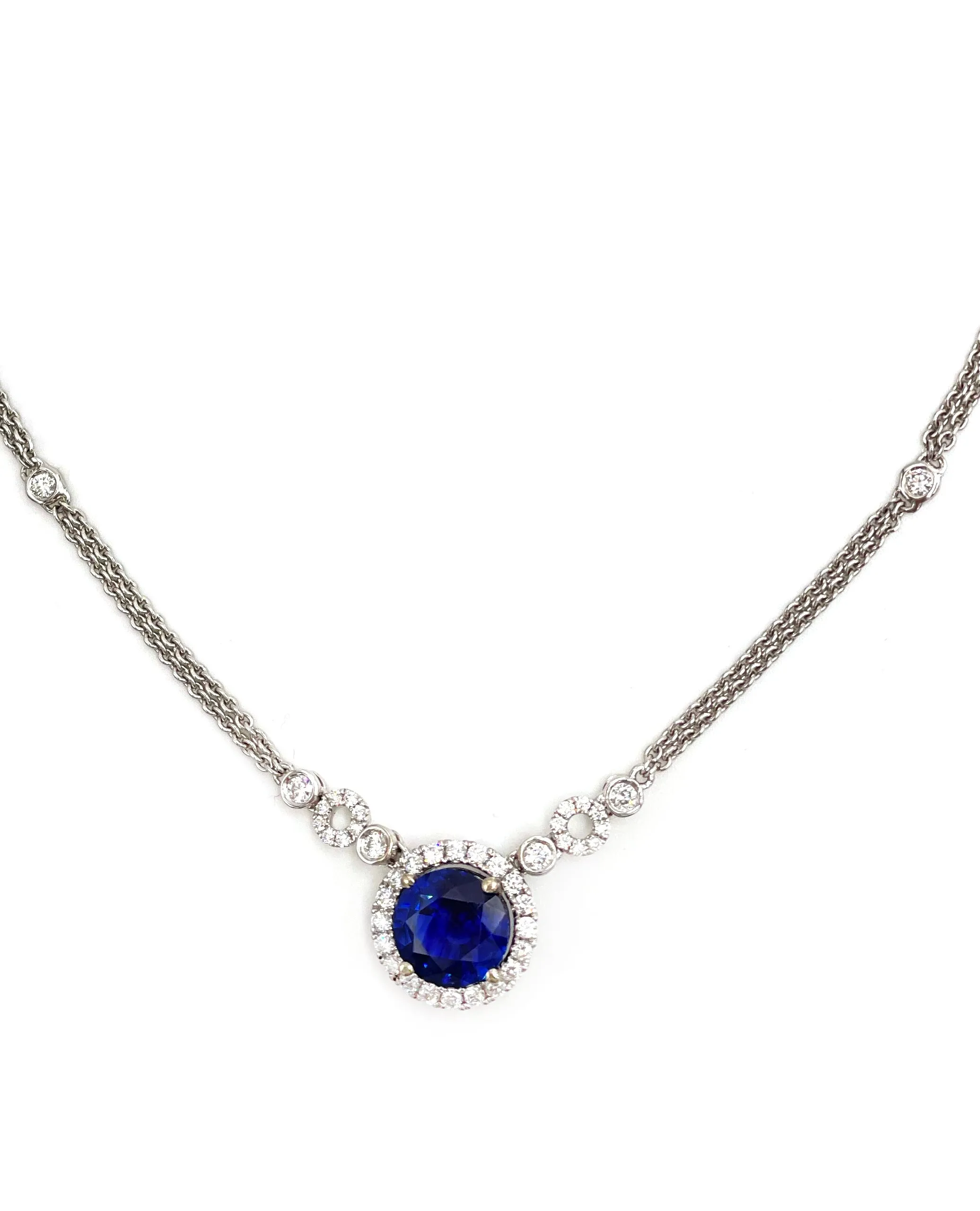 18K White Gold Sapphire Halo Necklace