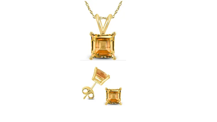 18K Yellow Gold 3ct Citrine Square 18 Inch Necklace and Earrings Set Plated