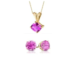 18K Yellow Gold 3ct Pink Sapphire Square 18 Inch Necklace and Round Earrings Set Plated