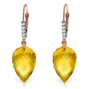 19.15 Carat 14K Solid Rose Gold Drop Briolette Citrine Diamond Earrings