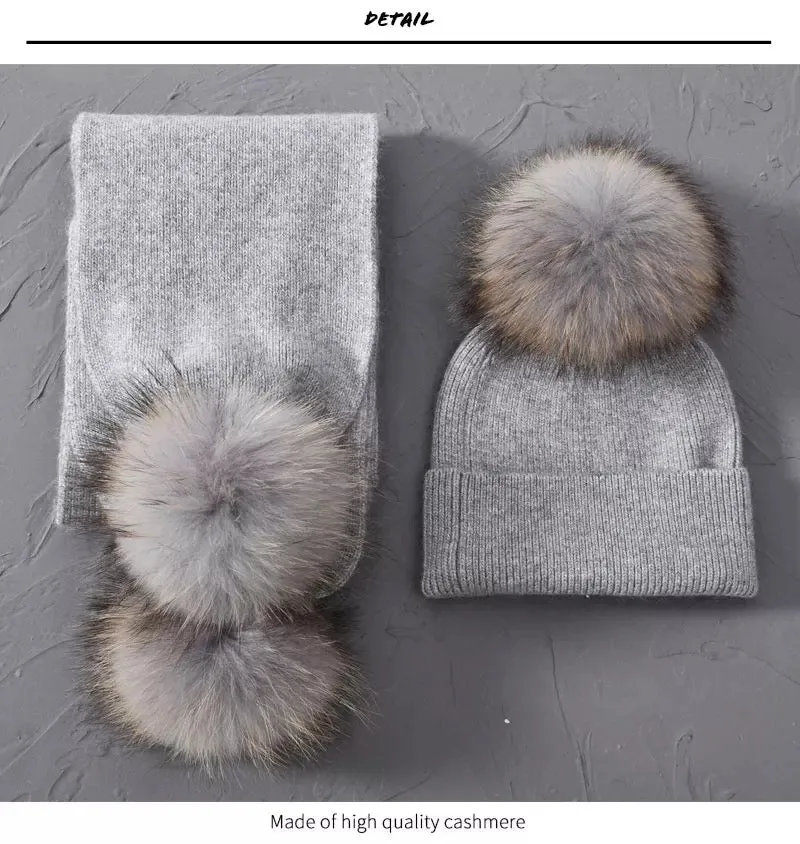 2 Piece Pom-Pom Beanie & Cashmere Fur Scarf Set