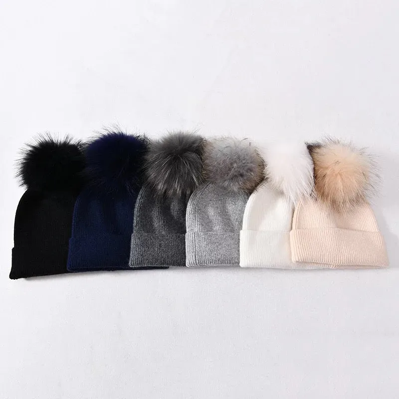 2 Piece Pom-Pom Beanie & Cashmere Fur Scarf Set