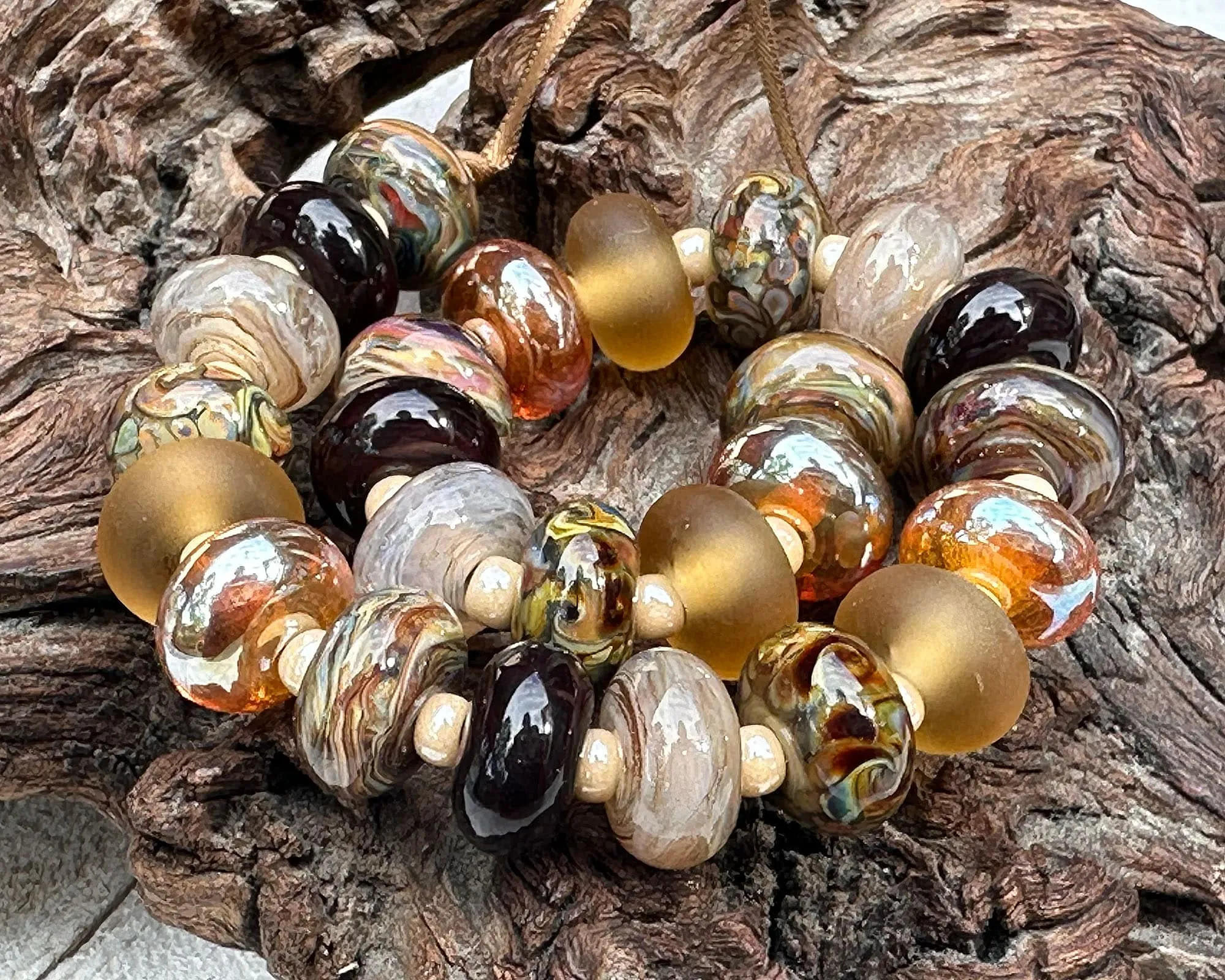 25 Autumn Gold Browns Lampwork Focal Bead SRA