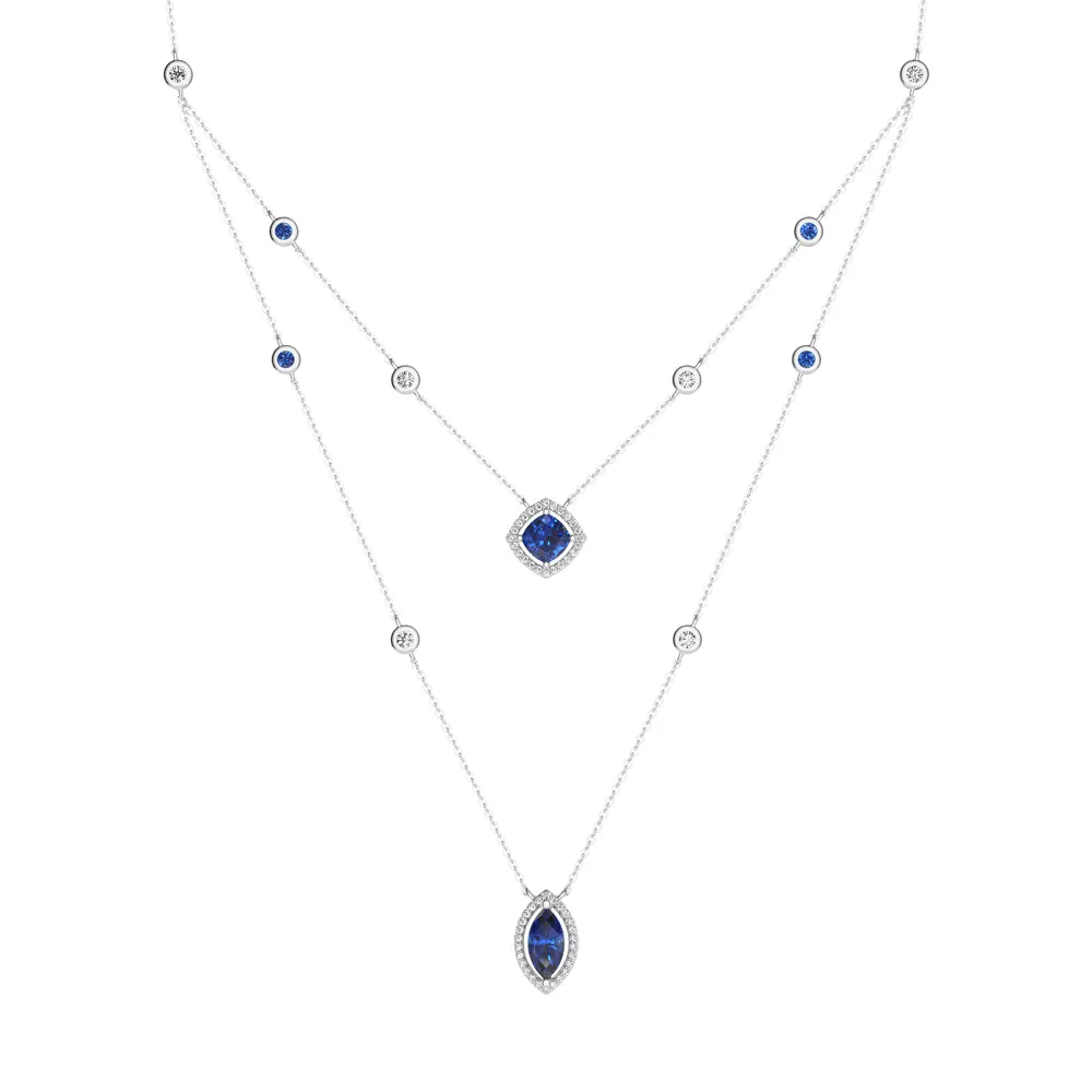 2.6 CT. Cushion & Marquise Cut Sapphire Halo Layered Necklace