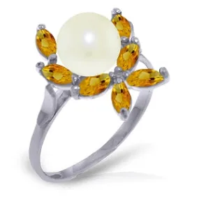 2.65 Carat 14K Solid White Gold Ring Natural Citrine Pearl